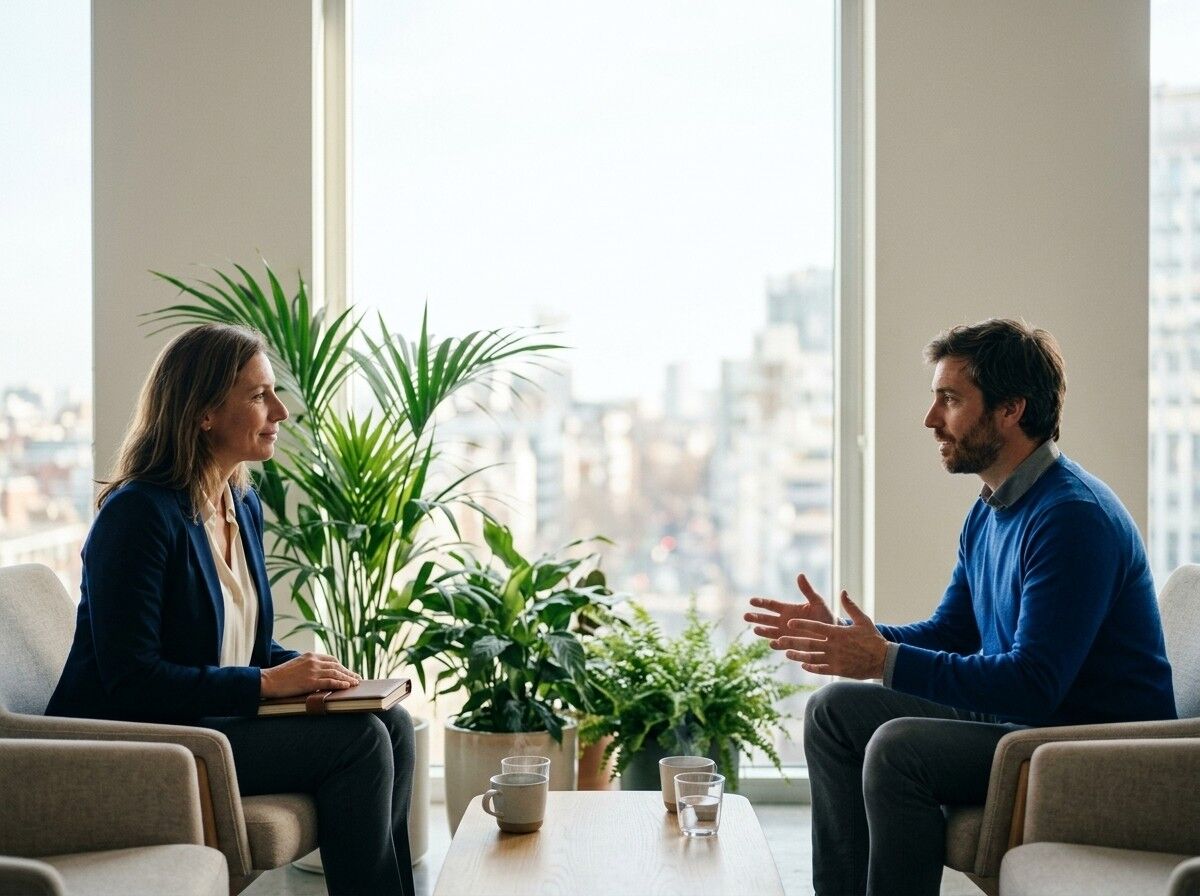 Una consultora y un empresario conversan en dos sillones junto a un ventanal.