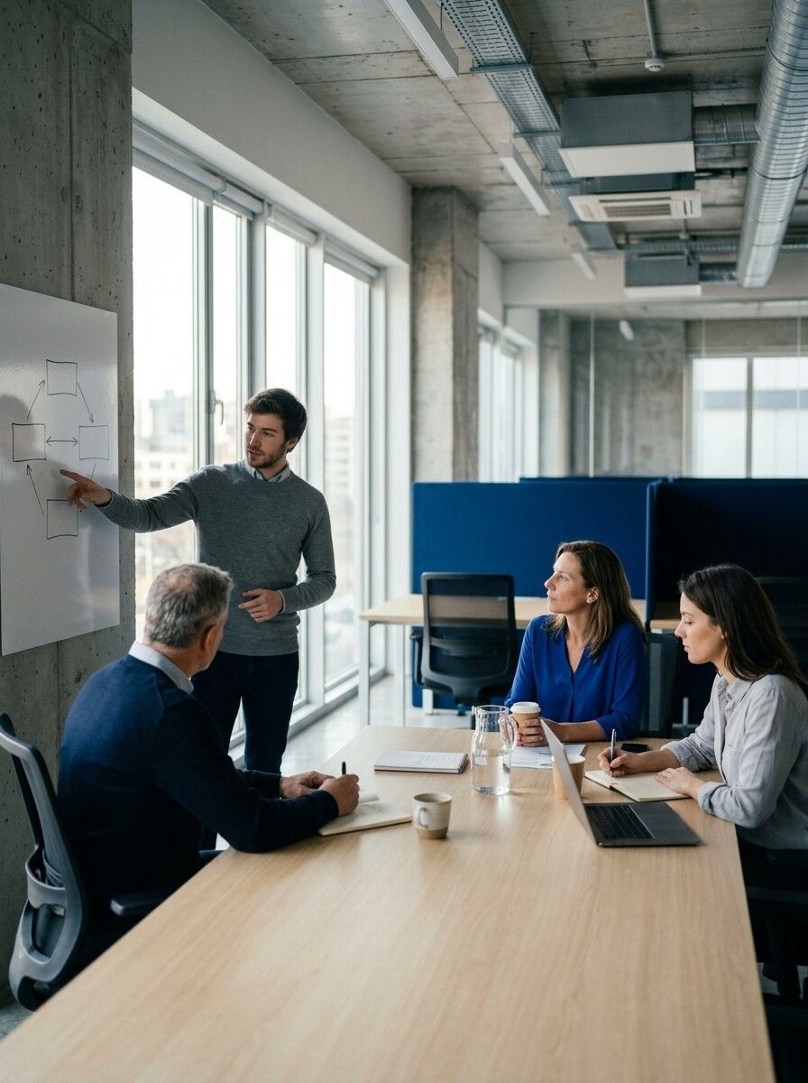 Un equipo de cuatro personas reunido en una mesa de trabajo mientras uno de ellos explica un diagrama en la pizarra.
