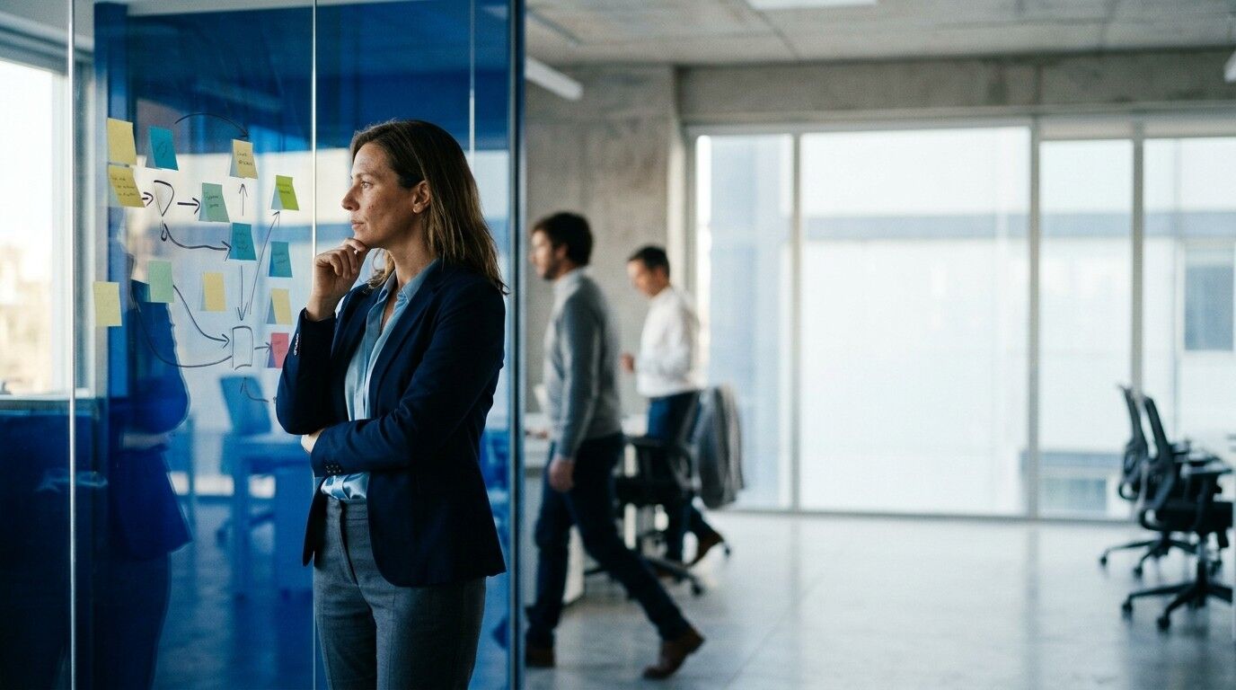 Una empresaria observa un mapa de procesos con notas adhesivas en una pared de vidrio, mientras su equipo trabaja detrás.